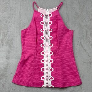 Lilly Pulitzer Annabelle Halter Top Womens 2 Hot Pink Seersucker White Lace Trim